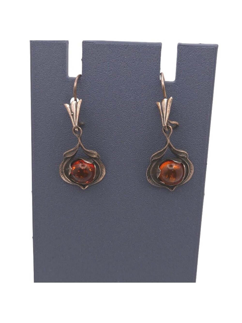 Vintage Sterling Silver & Amber Drop Earrings Floral Feathers Dangle 925 Signed